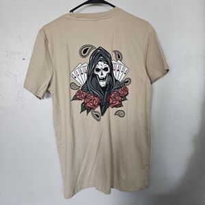 Taco Tuesday NWT Men's Small Beige Short Sleeve Graphic Tee Skull Roses Cards
